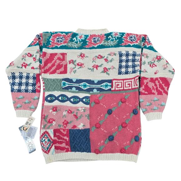 VTG Patchwork Sweater Crystal Kobe Size Petite Medium Pink Blue Beige Floral NWT - Picture 8 of 9